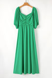Bright Green Ruched Front Puff Sleeve Plus Size Maxi Dress