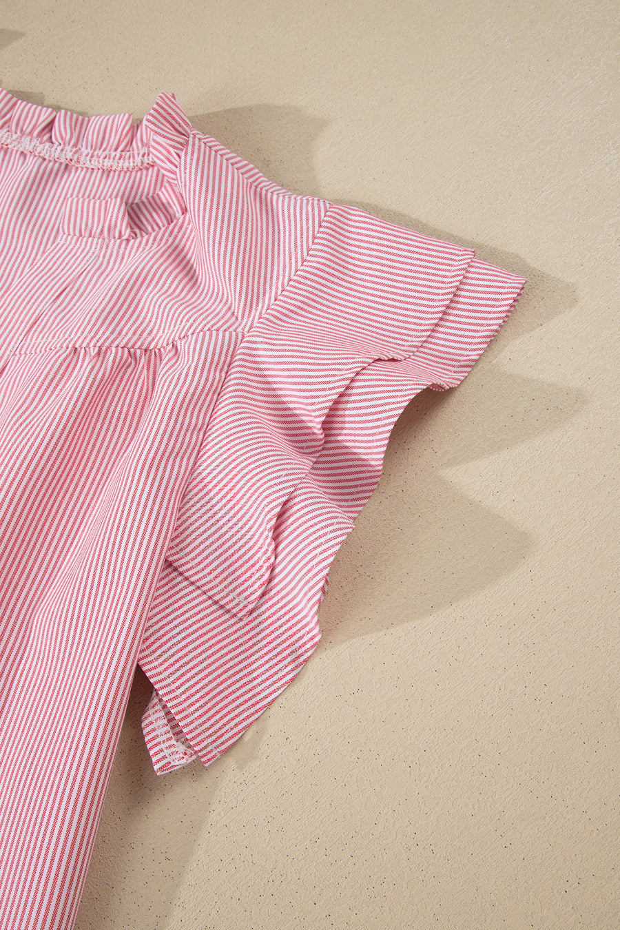 Red Striped Frilled V-Neck Double Ruffled Short Sleeve Blouse