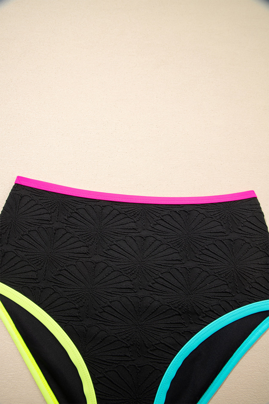 Black Floral Textured Neon Trim V-Neck Criss-Cross Tankini