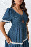 Plus Size Slate Blue V-Neck Swiss Dot Lace Detail Flared Midi Dress with Pockets