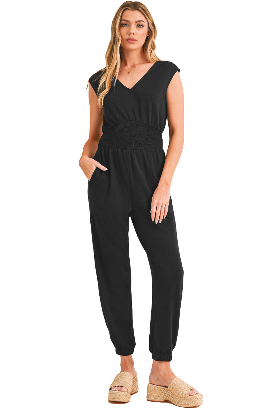 Black Shirred High-Waist V-Neck Sleeveless Jumpsuit