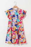 Abstract Print Flutter Sleeve Tiered Mini Dress