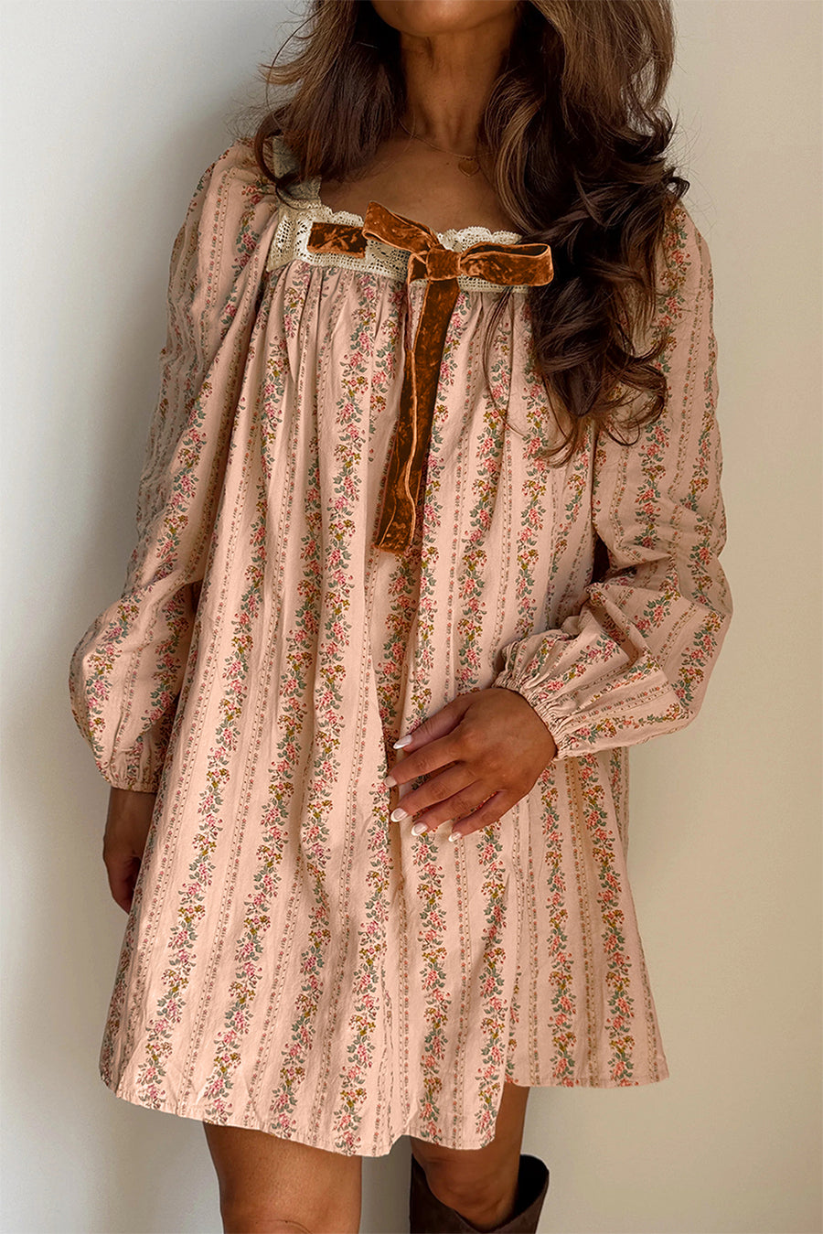 Khaki Velvet Bow Front Floral Print Long Sleeve Mini Dress
