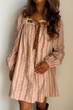 Khaki Velvet Bow Front Floral Print Long Sleeve Mini Dress