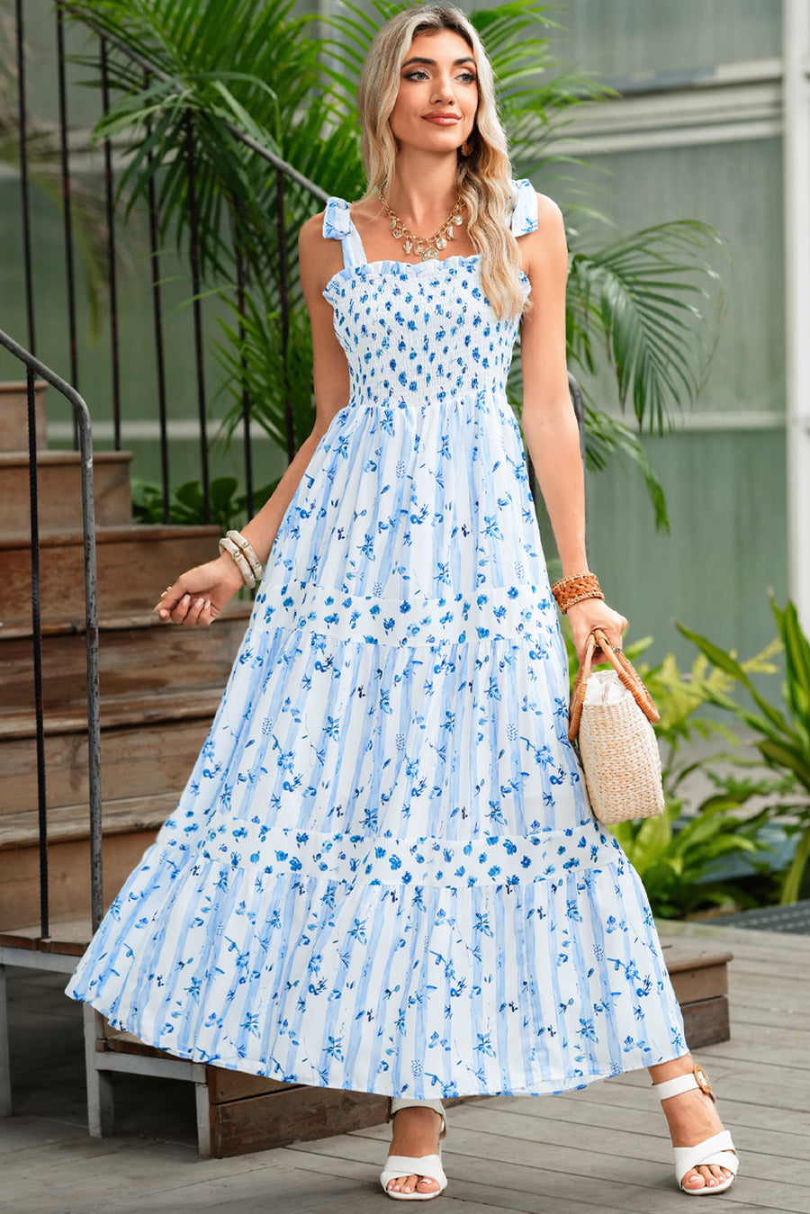 Blue Floral Striped Smocked A-Line Tie Strap Maxi Dress