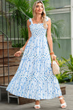 Blue Floral Striped Smocked A-Line Tie Strap Maxi Dress
