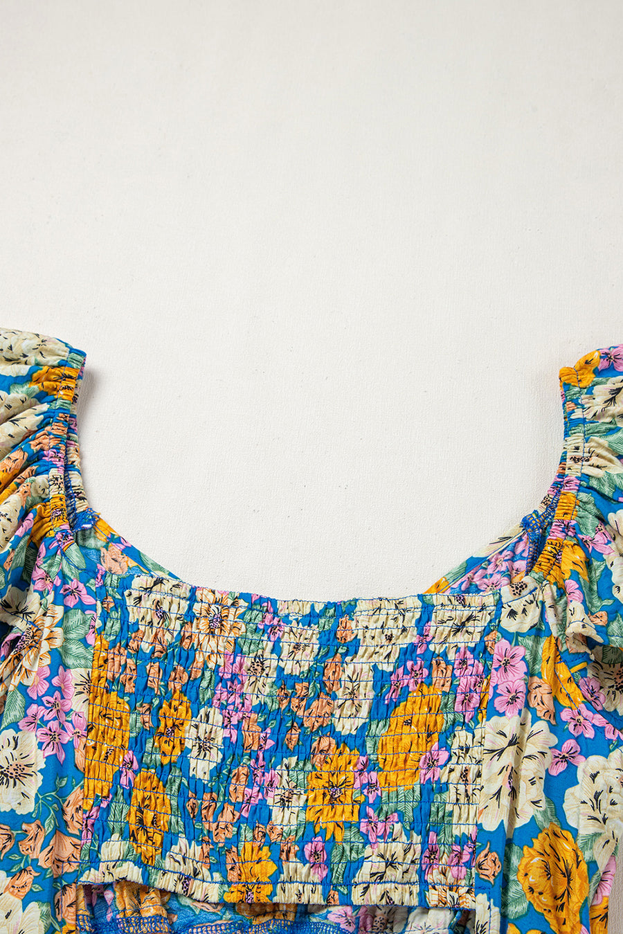 Yellow Floral Print Shirred Cut-Out High-Waist Jumpsuit