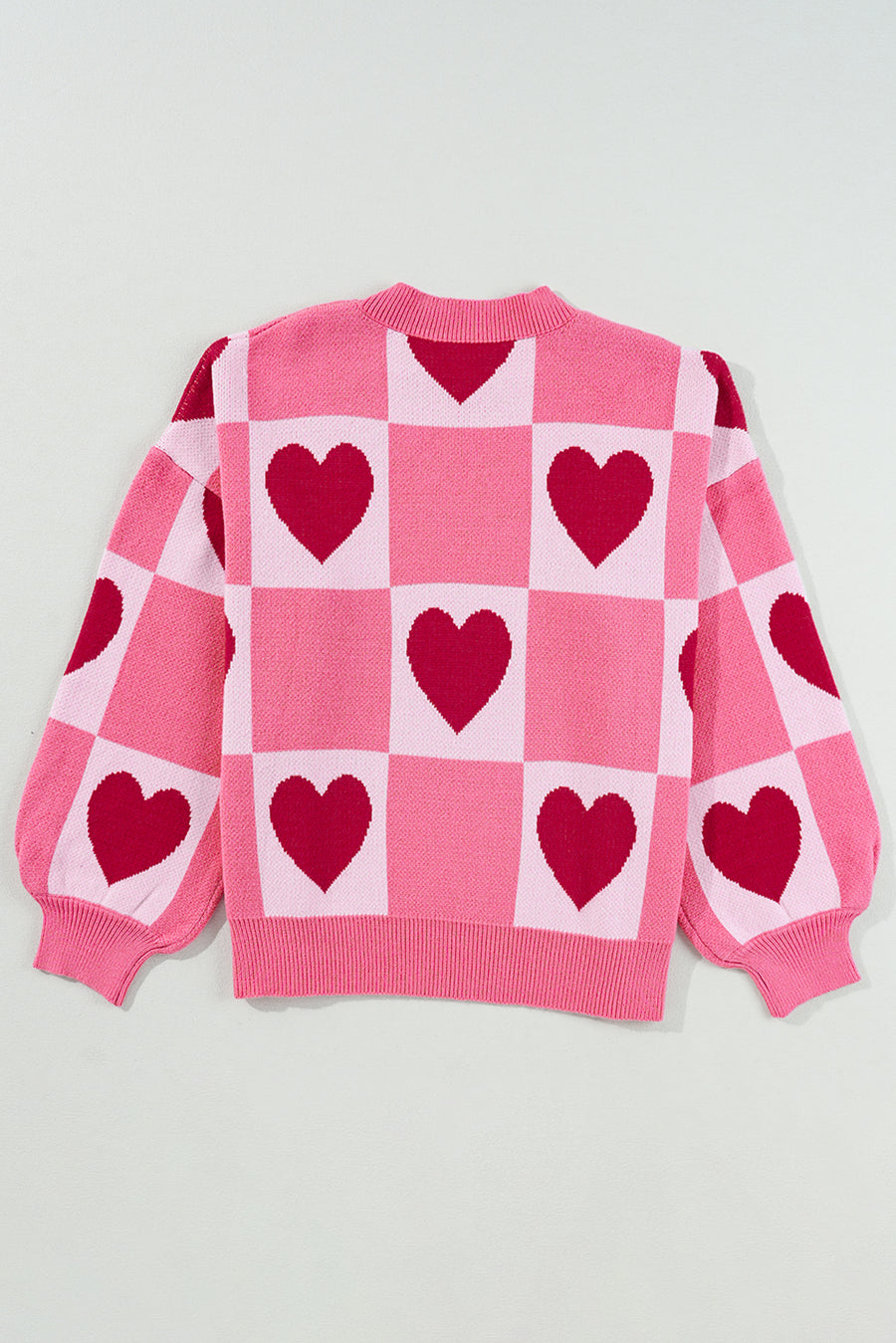 Pink Heart & Checkered Pattern Drop Shoulder Crew Neck Knit Sweater