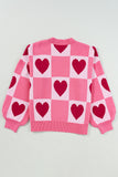 Pink Heart & Checkered Pattern Drop Shoulder Crew Neck Knit Sweater