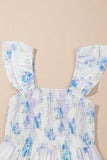 Blue Floral Smocked High Waist Ruffle Sleeveless Midi Dress