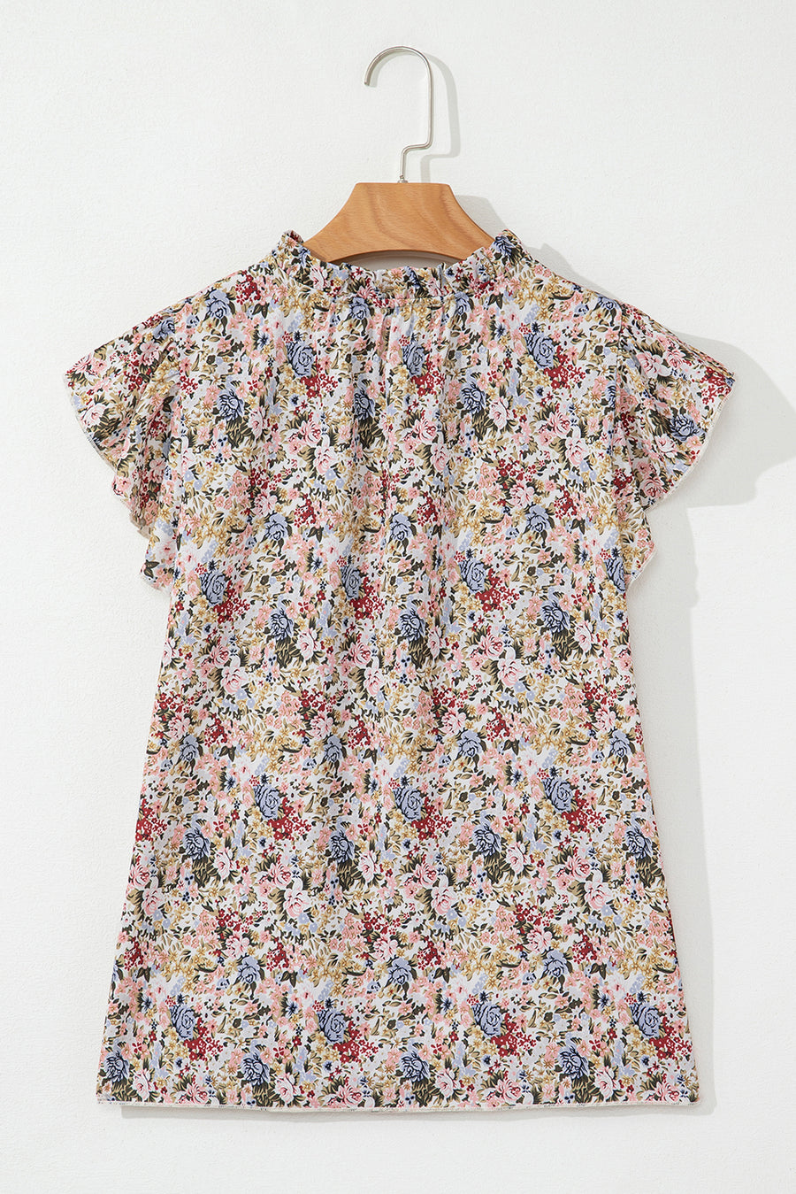 Multicolored Floral Frilled Neck Ruffled Short Sleeve Button-Up Blouse