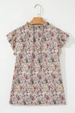 Multicolored Floral Frilled Neck Ruffled Short Sleeve Button-Up Blouse
