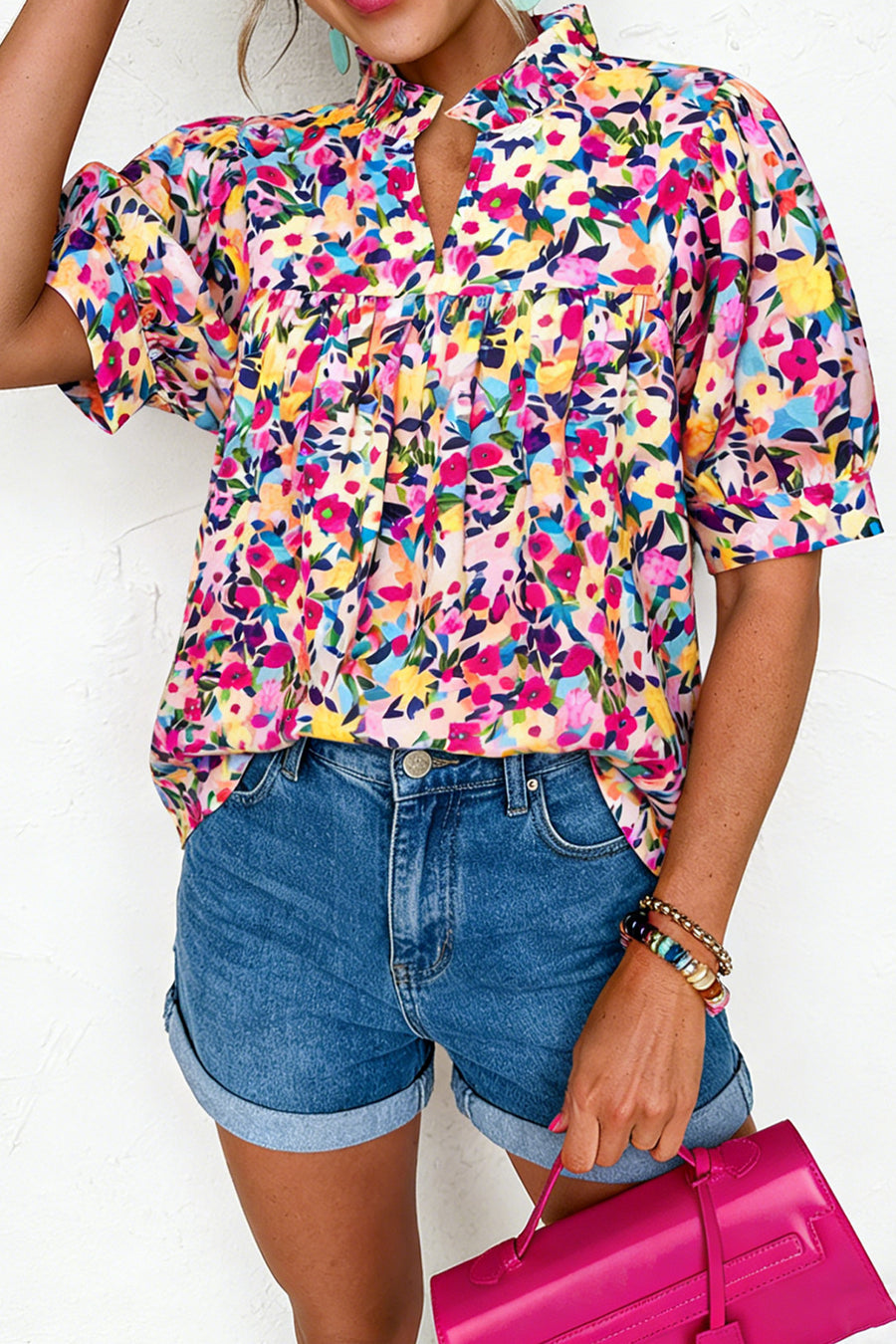 Multicolored Floral Frilled Collar Short Puff Sleeve Blouse