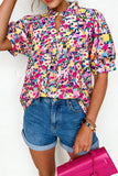 Multicolored Floral Frilled Collar Short Puff Sleeve Blouse