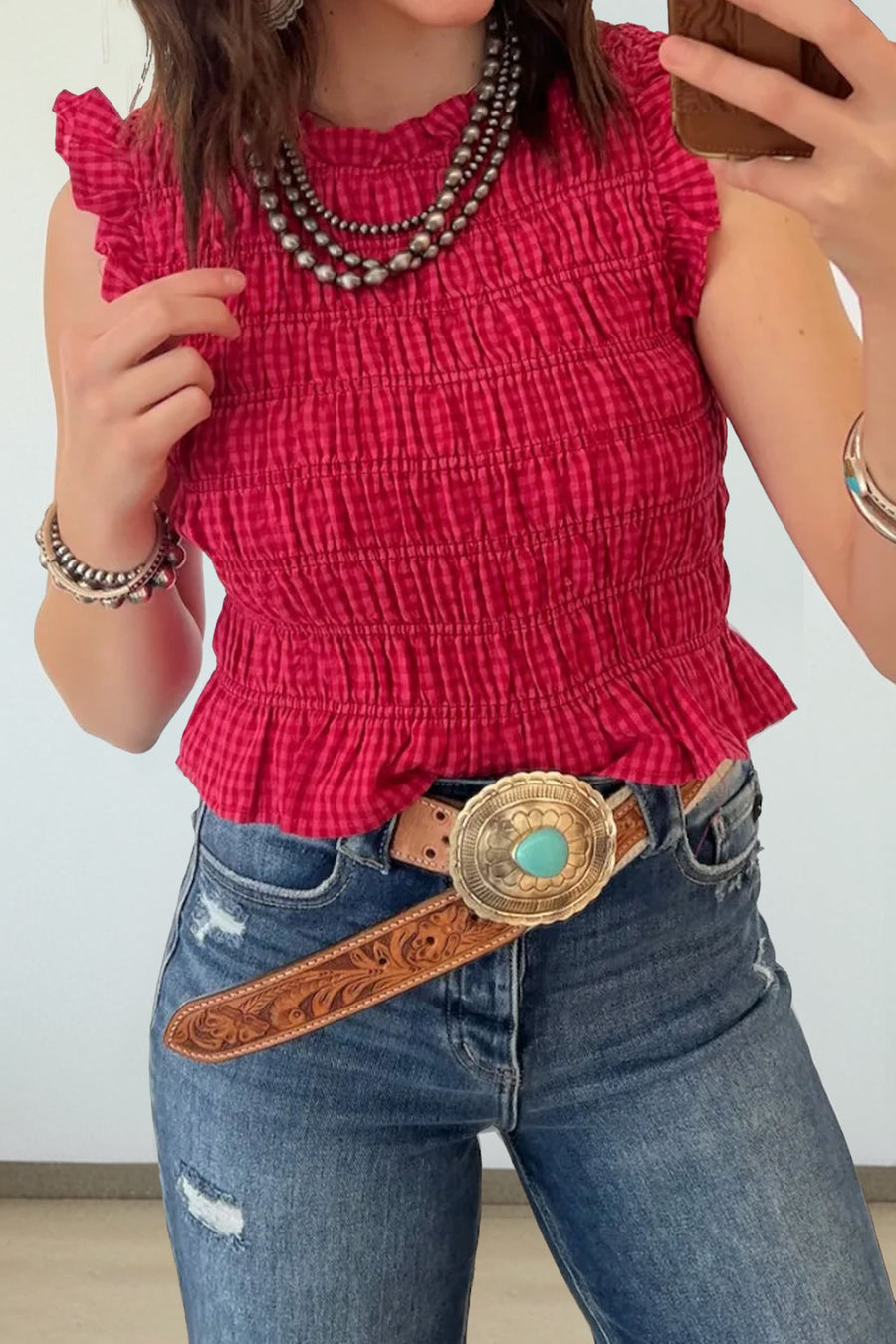 Red Plaid Shirred Ruffle Trim Tank Top