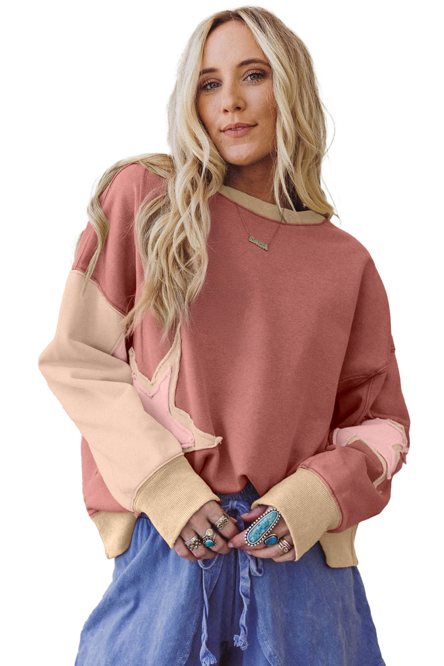 Star Patch Exposed Seam Uneven Hem Sweatshirt- 2 Colors