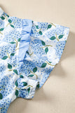 Sky Blue Hydrangea Floral Print Ruffle Trim Flutter Sleeve Long Dress