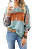 Duck Egg and Rust Color Block Striped Long Bishop Sleeve Side Slit T-Shirt