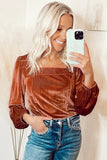 Clay Velvet Ribbed Texture Square Neck Puff Sleeve Top