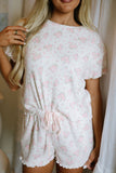 Pink Floral Print Lettuce Trim Short Sleeve Top and Shorts Pajama Set