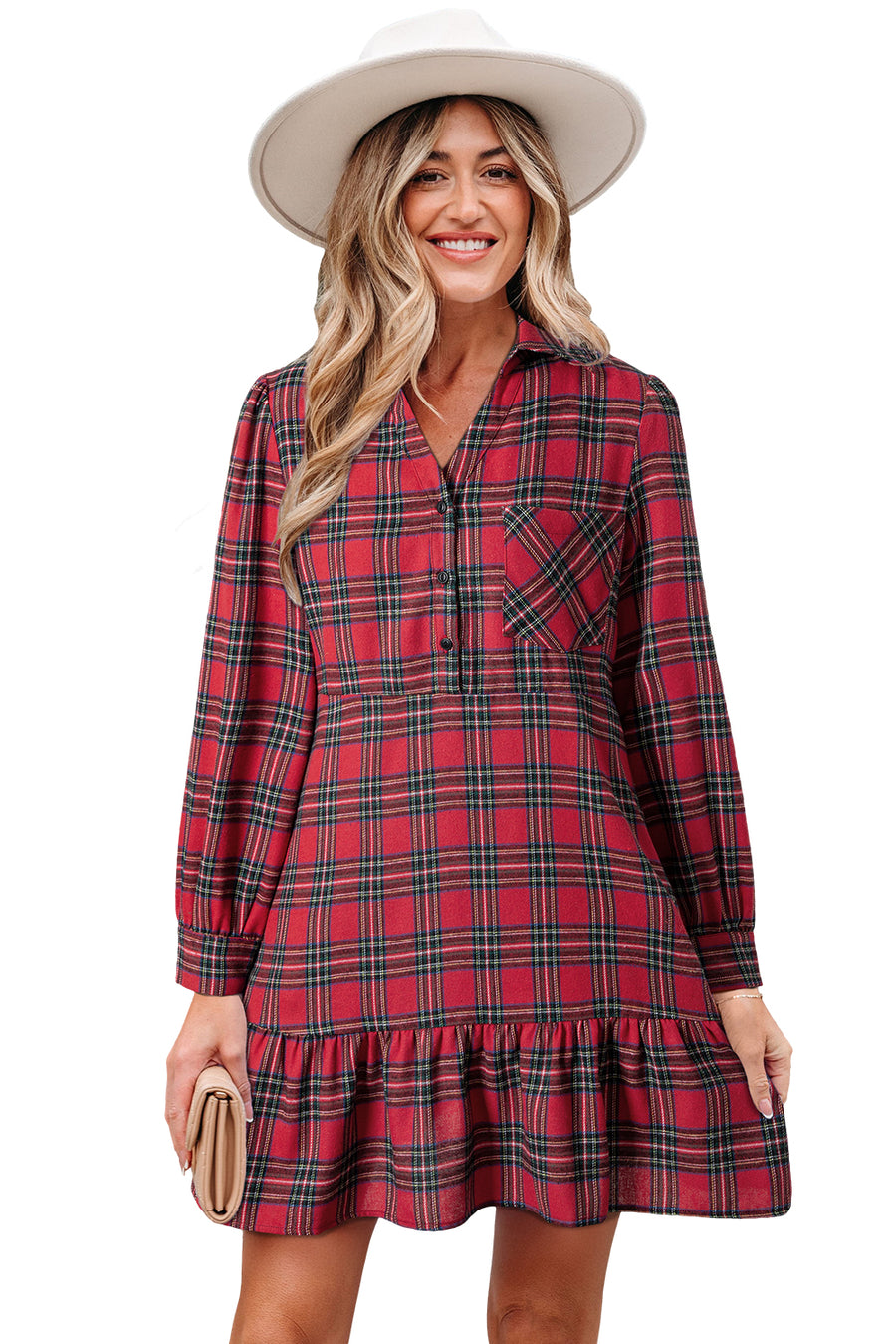 Red Plaid Shirt Collared Quarter Button-Up Ruffled Hem Long Sleeve Mini Dress