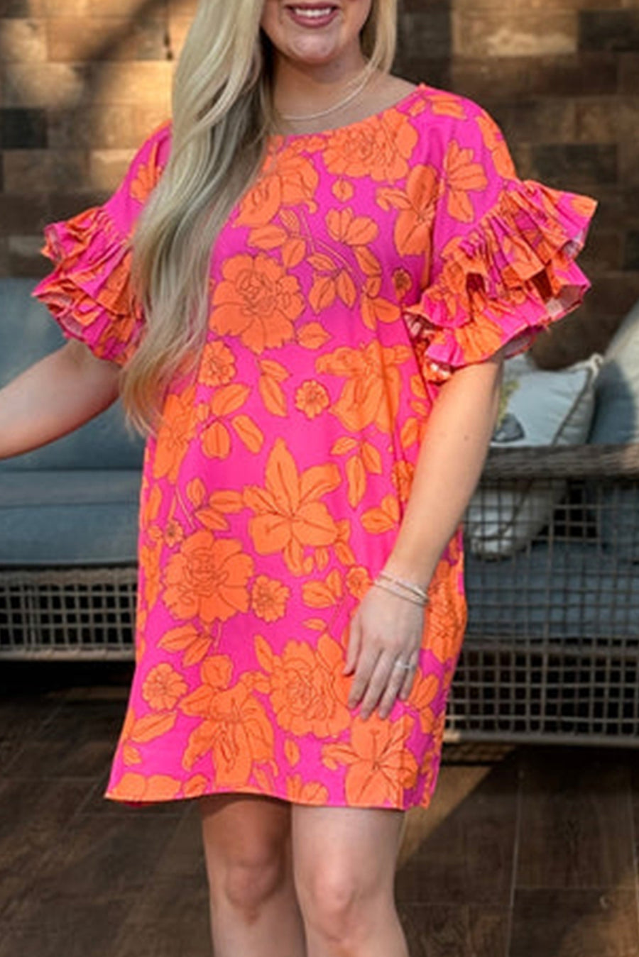 Neon Pink and Orange Floral Ruffle Sleeve Mini Dress