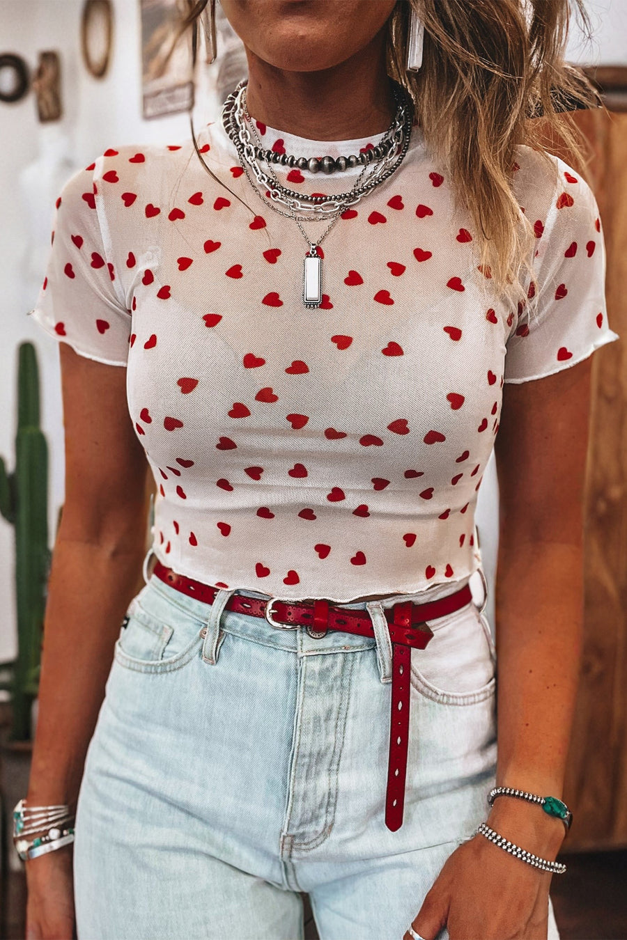 All Over Heart Print Mesh Short Sleeve Top- 2 Colors