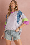 Purple Stripe Floral Color Block Patchwork Stitching Edge T-Shirt