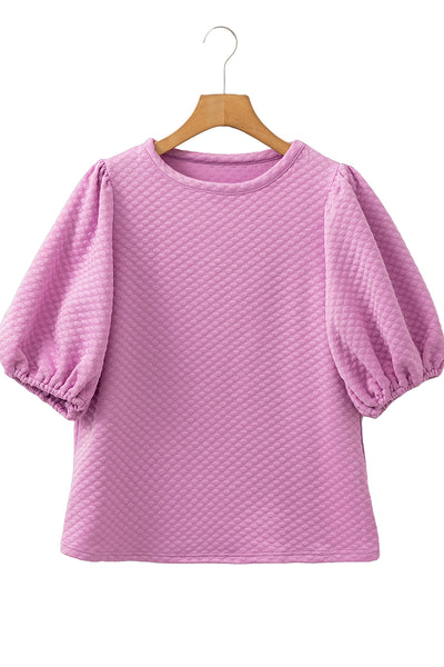 Orchid Textured Crew Neck Puff Sleeve Blouse