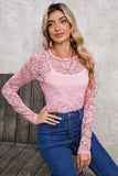 Pink Floral Lace Sheer Long Sleeve Blouse