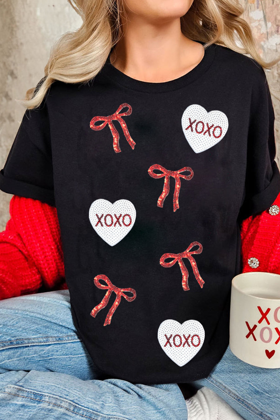 Black Bow XOXO Heart Sequin Patch Graphic T-Shirt