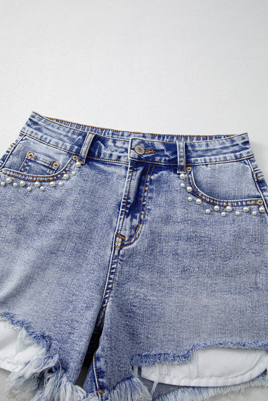 Acid Washed Pearl Studded Pocket Raw Hem Denim Shorts