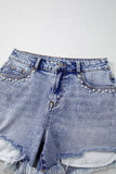Acid Washed Pearl Studded Pocket Raw Hem Denim Shorts