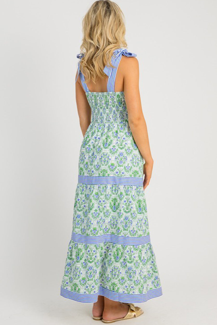 Pink Geometric Floral Print Striped Patchwork Detail Sleeveless Dress（Runs Small ）