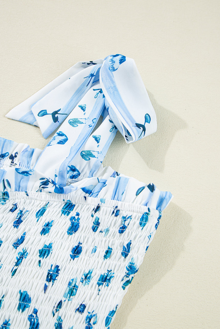 Blue Floral Striped Smocked A-Line Tie Strap Maxi Dress