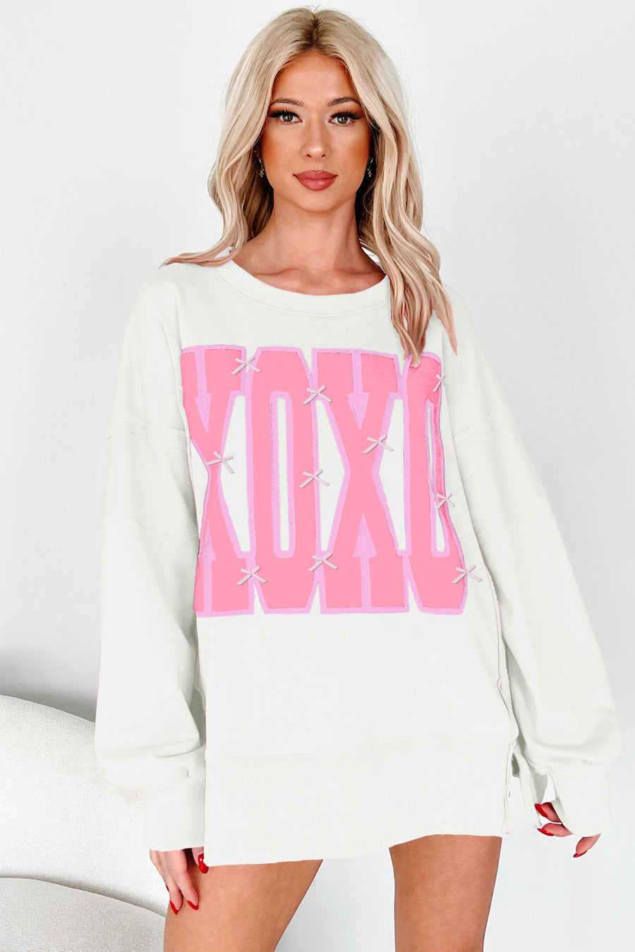 Bow & Sequin XOXO Exposed Seam Slit Hem Baggy Sweatshirt- 3 Colors