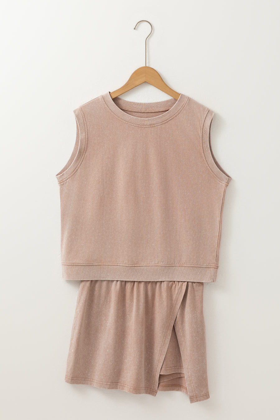 Yellow Cream Solid Color Washed Sleeveless Top Split Skort Cotton 2pcs Outfit