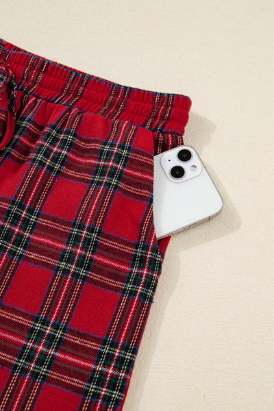 Red Plaid Contrast Color Christmas Holiday Long Sleeve Shirt and Shorts Pajama Set