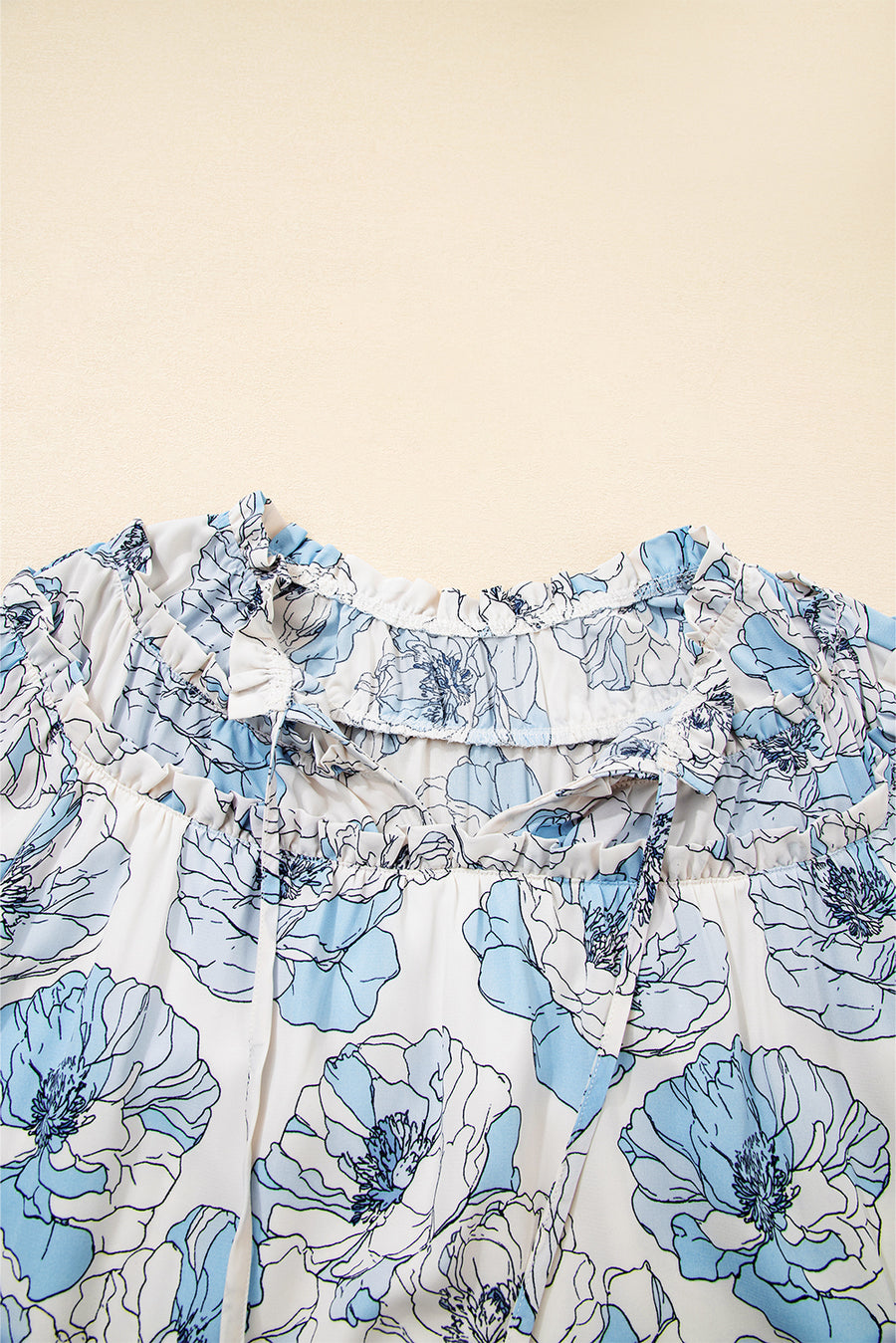 Sky Blue Floral Print Tie Neck Long Sleeve Flowy Mini Dress