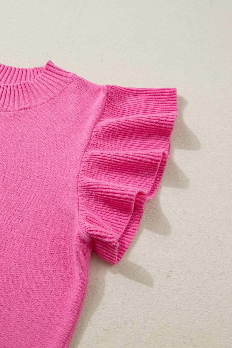 Ribbed Trim Crew Neck Ruffled Short Sleeve Sweater- 3 Colors