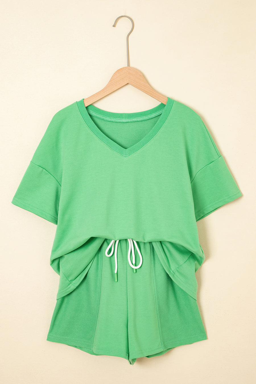 V-Neck Drop Shoulder T-Shirt and Patchwork Shorts Set- 3 Colors