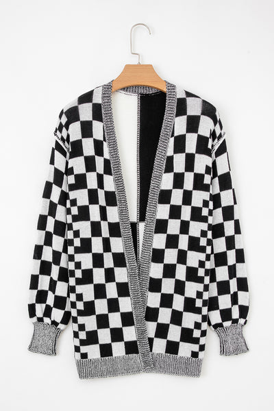 Black Checkered Open Front Drop Shoulder Cardigan