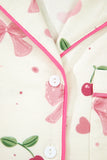 Bow Print Button-Up V-Neck Short Sleeve Top and Ruffle Hem Shorts Pajama Set- 2 Styles