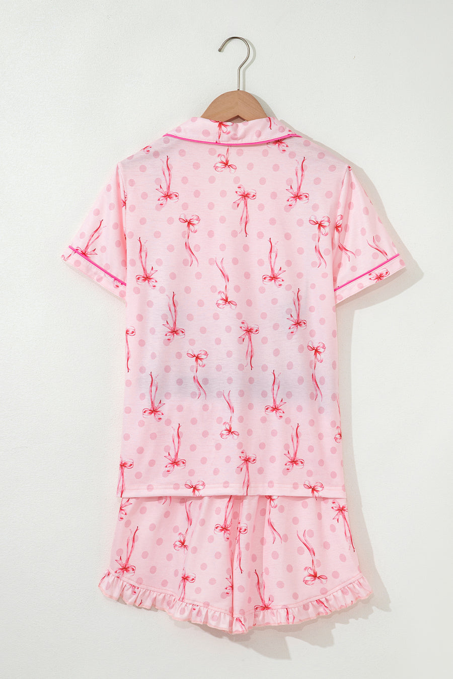 Bow Print Button-Up V-Neck Short Sleeve Top and Ruffle Hem Shorts Pajama Set- 2 Styles