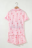 Bow Print Button-Up V-Neck Short Sleeve Top and Ruffle Hem Shorts Pajama Set- 2 Styles
