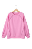 Bright Pink Lace Patchwork Raglan Sleeve Loose Fit Sweatshirt