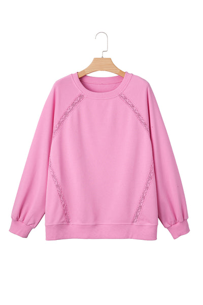 Bright Pink Lace Patchwork Raglan Sleeve Loose Fit Sweatshirt