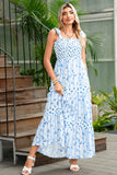 Blue Floral Striped Smocked A-Line Tie Strap Maxi Dress