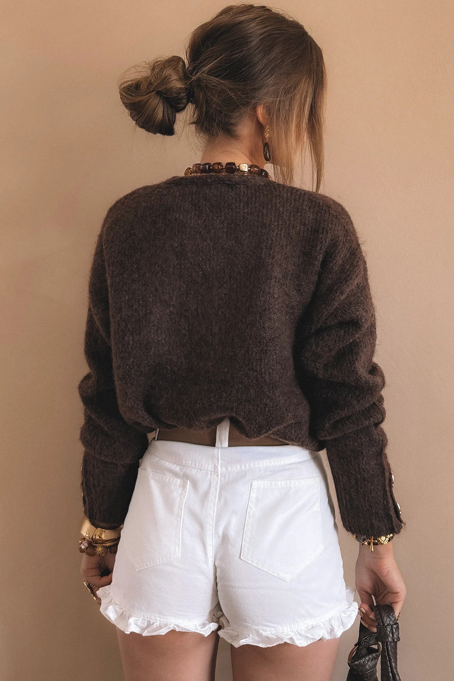 Chicory Coffee V Neck Metallic Heart Button Knit Cardigan