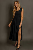 Green Shirred Pleated Square Neck Sleeveless Midi Dress